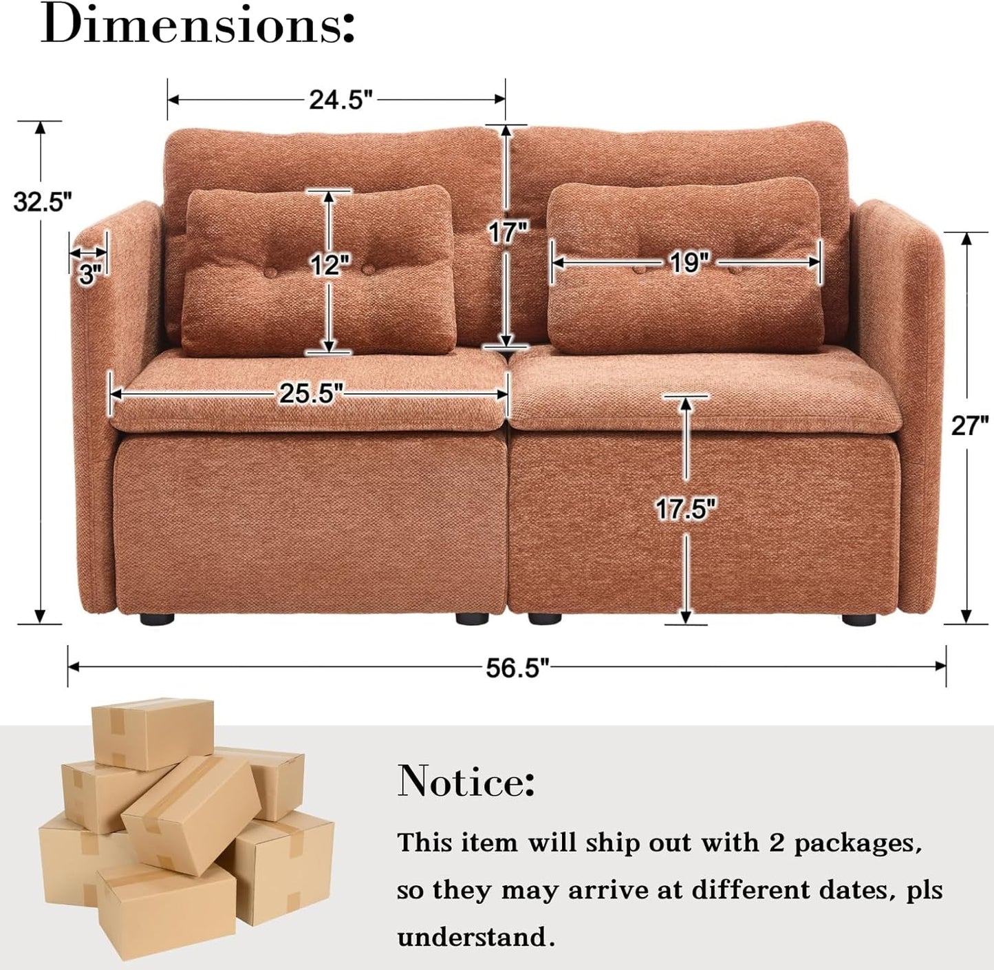 56 Inches Wide Chenille Sectional Loveseat Espresso ShipItFurniture