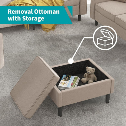 Beige Sectional Sofa Set With Movable Storage Ottoman ShipItFurniture