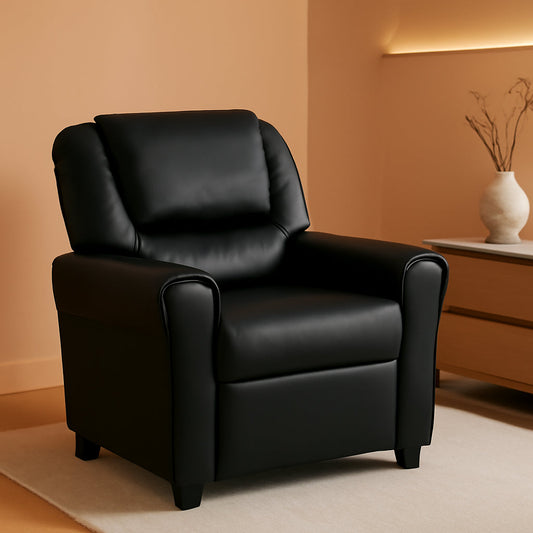Kids Leathersoft Recliner With Cup Holder And Safety Recline Black ShipItFurniture