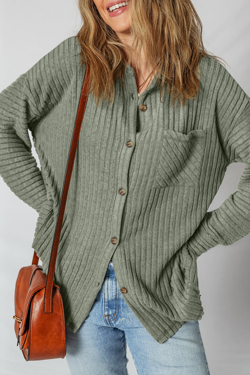 Lucia Ribbed Texture Button Up Shacket Threaded Pear