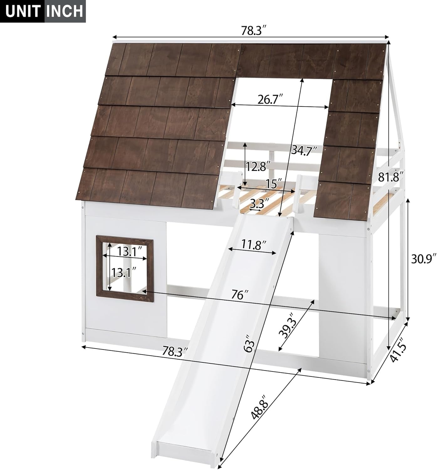 Bunk Bed Twin over Twin, Bunk Bed with Slides and Stairs, House Bunk Bed with Roof, Twin Bunk Bed for Kids, Teens, Kids Bunk Beds, White+Brown ShipItFurniture