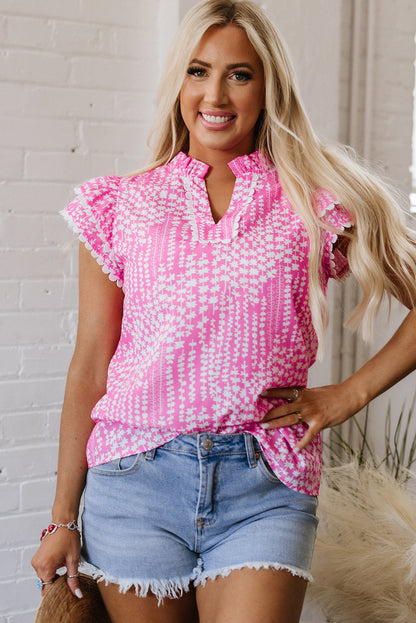 Cynthia Ric Rac Trim Flutter Sleeve Notch V Neck Blouse