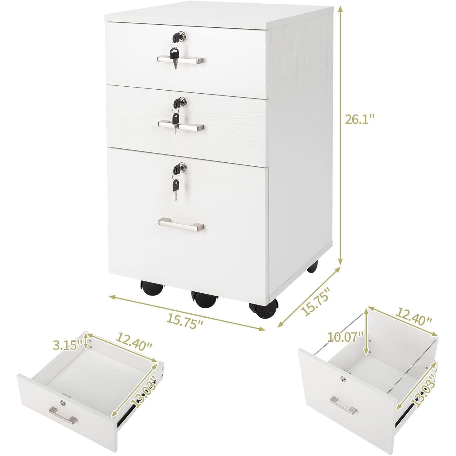 White Mobile File Cabinet 3 Drawer Lockable Office Storage ShipItFurniture