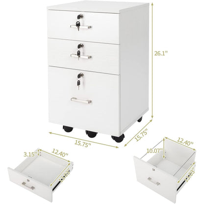 White Mobile File Cabinet 3 Drawer Lockable Office Storage ShipItFurniture