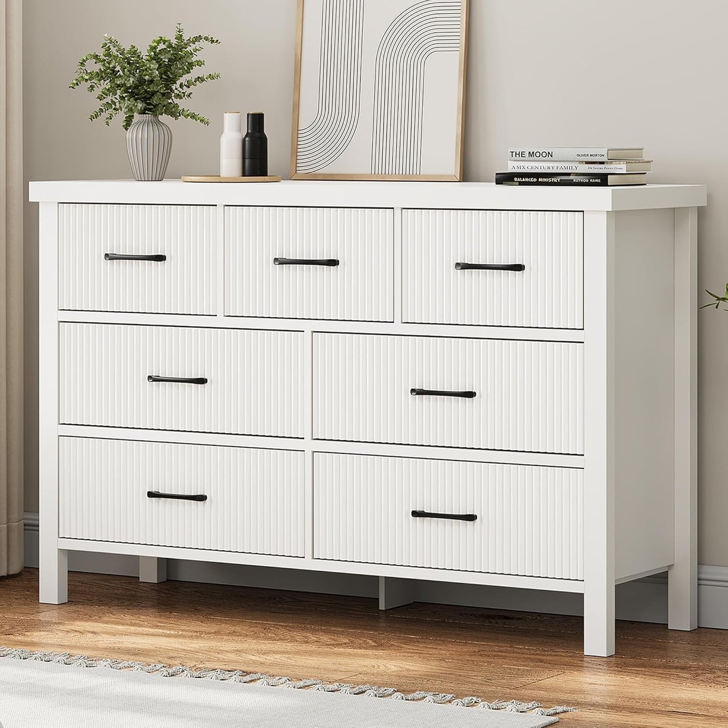 White Dresser 7 Drawer Dresser for Bedroom, Modern Fluted Dresser with Solid Wood Legs, Long Double Wooden Dresser Large Chest of Drawers for Living Room, Entryway, Hallway (White Fluted) ShipItFurniture