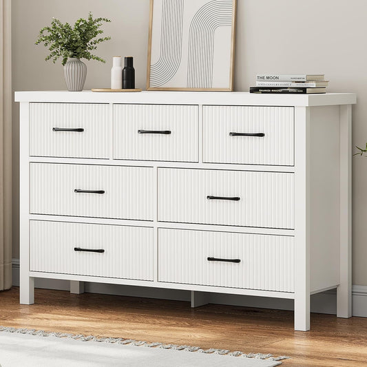 White Dresser 7 Drawer Dresser for Bedroom, Modern Fluted Dresser with Solid Wood Legs, Long Double Wooden Dresser Large Chest of Drawers for Living Room, Entryway, Hallway (White Fluted) ShipItFurniture