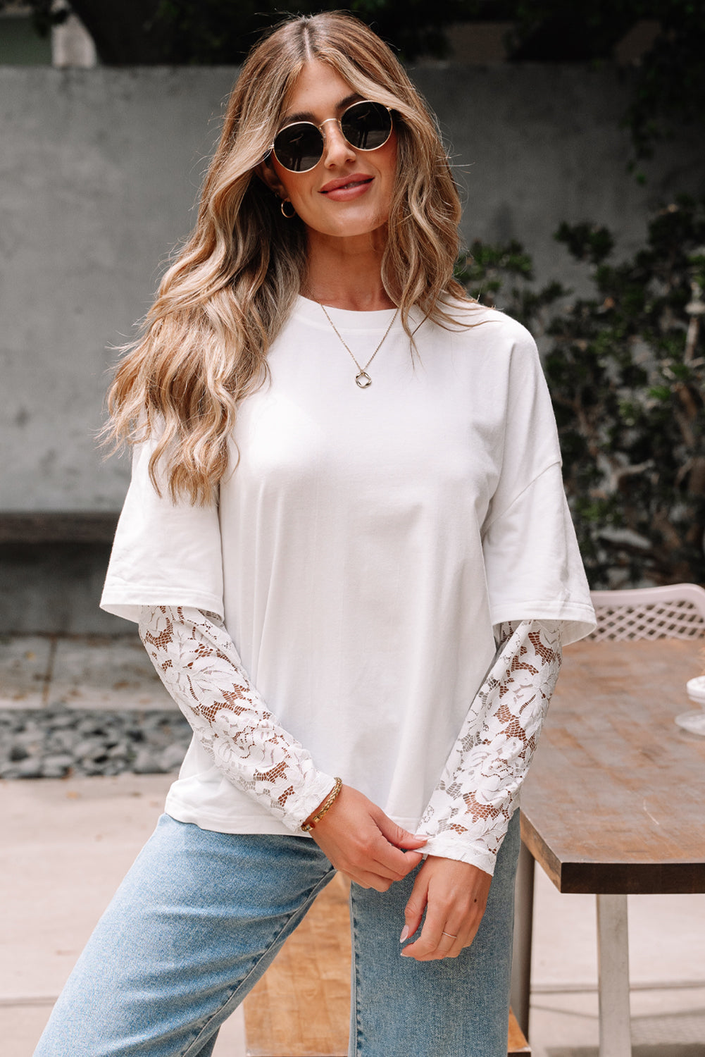 Hallie Lace Long Sleeve Insert Drop Shoulder Top Threaded Pear