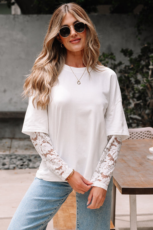 Hallie Lace Long Sleeve Insert Drop Shoulder Top Threaded Pear
