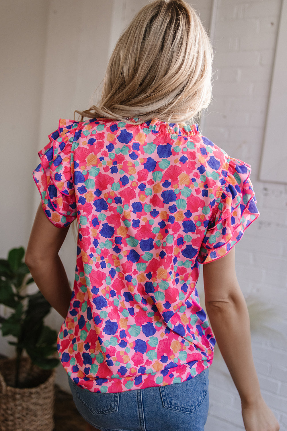 Arlet Abstract Ruffled Sleeve V Neck Blouse