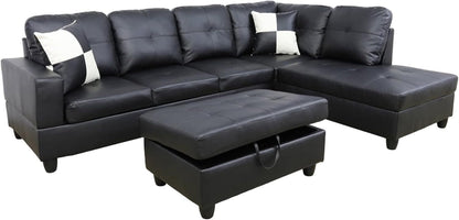 Faux Leather L Shaped Sectional Sofa Black 103 Inch Wide With Ottoman ShipItFurniture