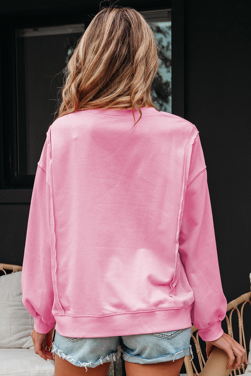 Brianna Lace Bow Embroidered Exposed Seam Sweatshirt Threaded Pear