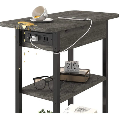 End Table With Charging Station And Flip Top Dark Grey For Small Spaces-1