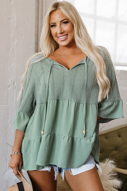 Ensley Tie Split Neck Textured Ruffle Patchwork Blouse