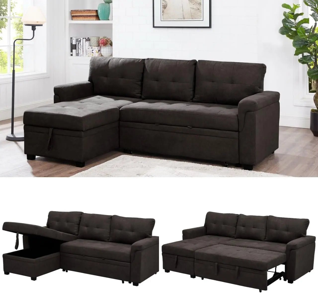 Espresso Velvet Sleeper Sectional Sofa Bed Chaise Set - Get it from Bo