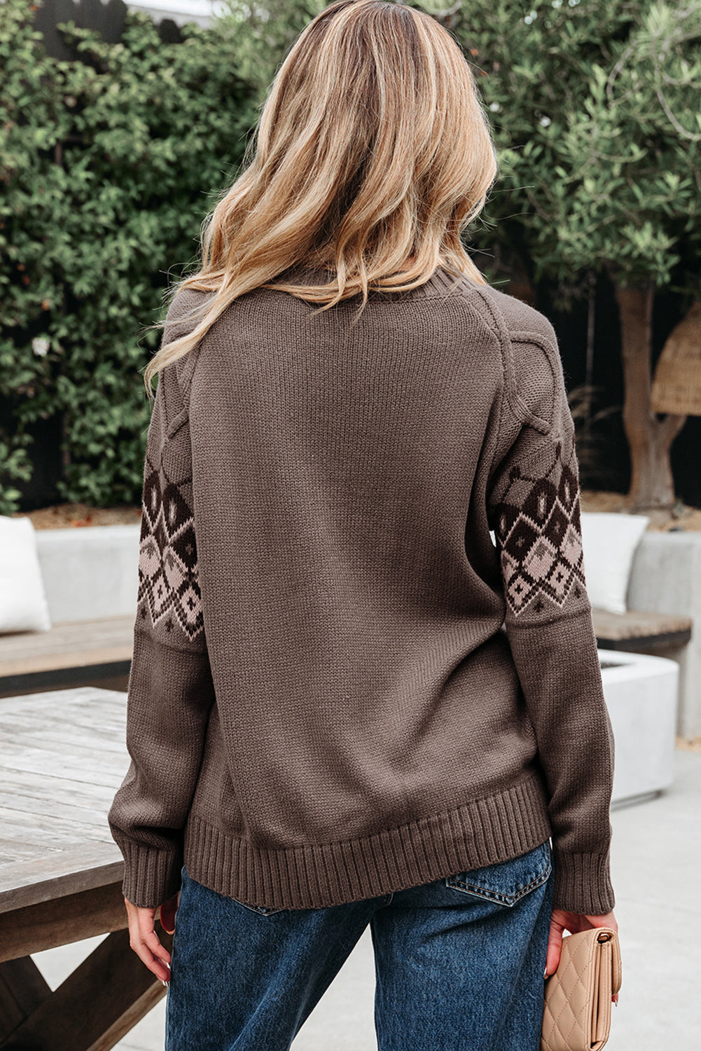 Alana Western Geometric Patterned Crew Neck Knitted Sweater Threaded Pear