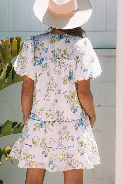 Celina Floral Striped Trim Tie Split Neck Mini Dress