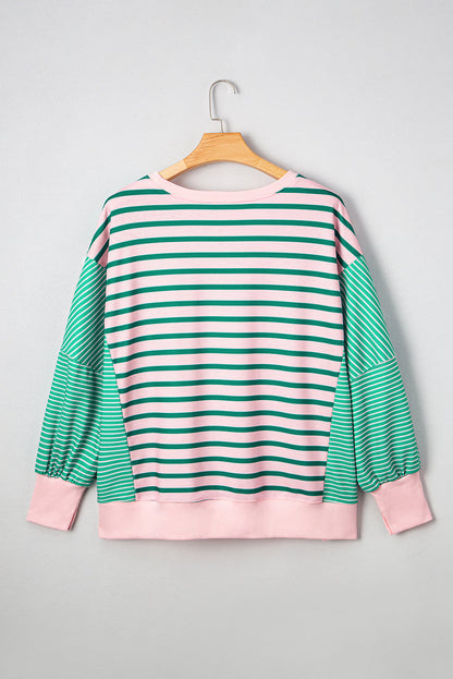 Green Stripe Color Block Exposed Seam Side Slit Plus Size Sweatshirt