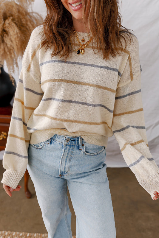 Eden Striped Ribbed Edge Drop Shoulder Sweater Threaded Pear