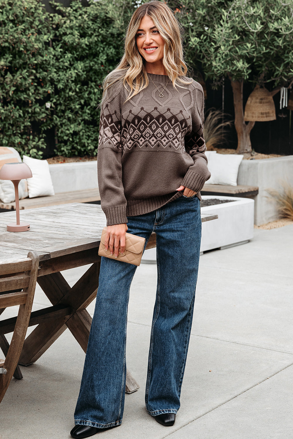 Alana Western Geometric Patterned Crew Neck Knitted Sweater Threaded Pear