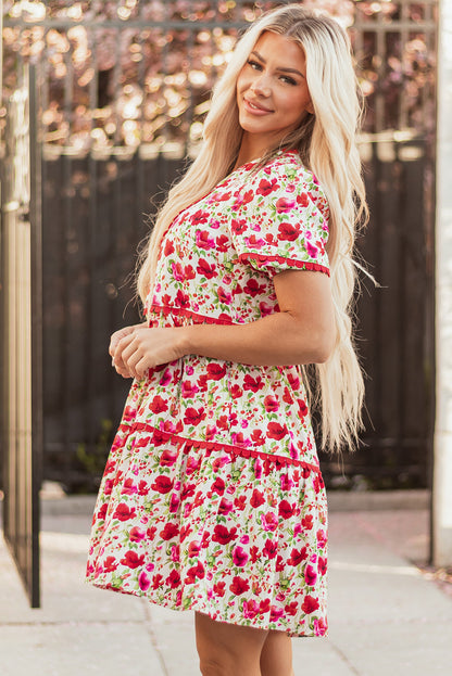 Ruby Floral Puff Sleeve Tiered Ric Rac Pocketed Mini Dress