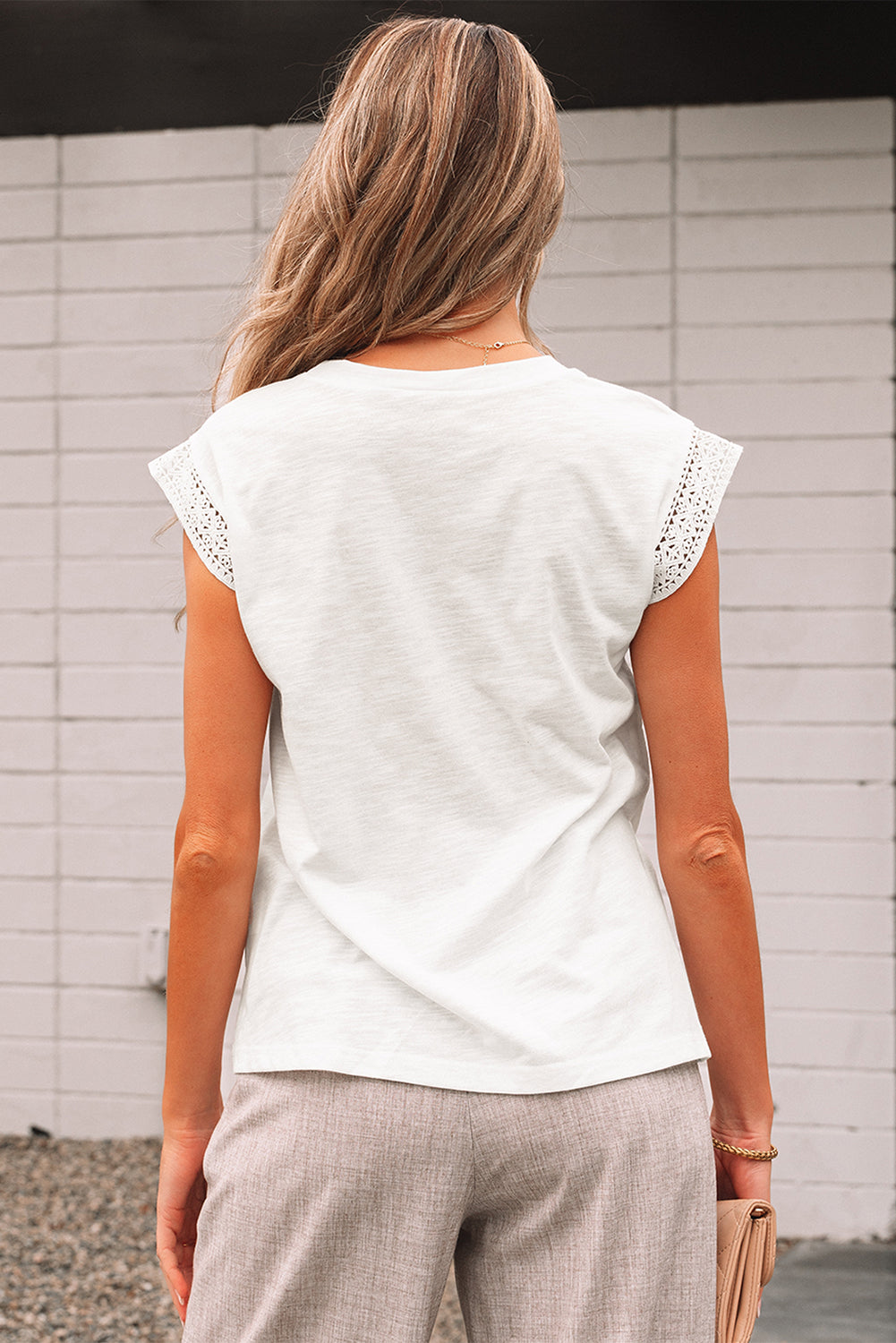 Ivy Lace Patchwork Cap Sleeve Round Neck Top Threaded Pear