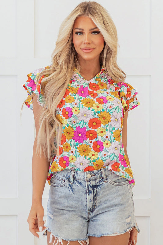 Leslie Floral Shirred Tiered Ruffled Sleeve Blouse