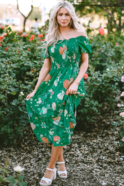 Kailany Floral Bubble Sleeve Smocked Tiered Midi Dress