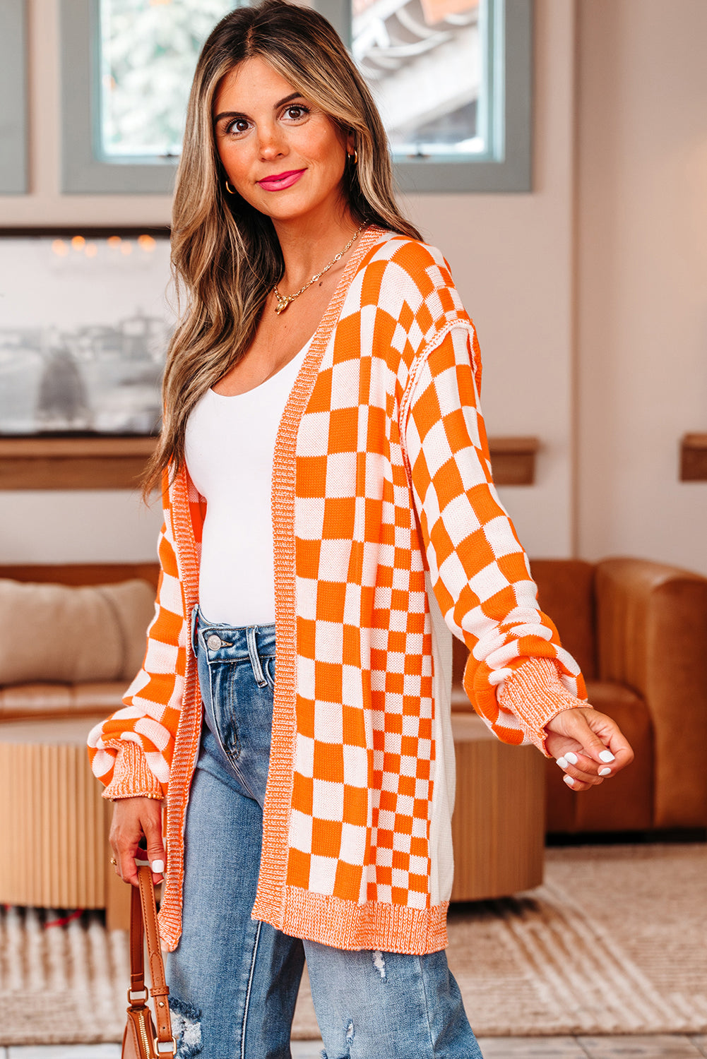 Wrenley Checkered Open Front Drop Shoulder Cardigan Threaded Pear