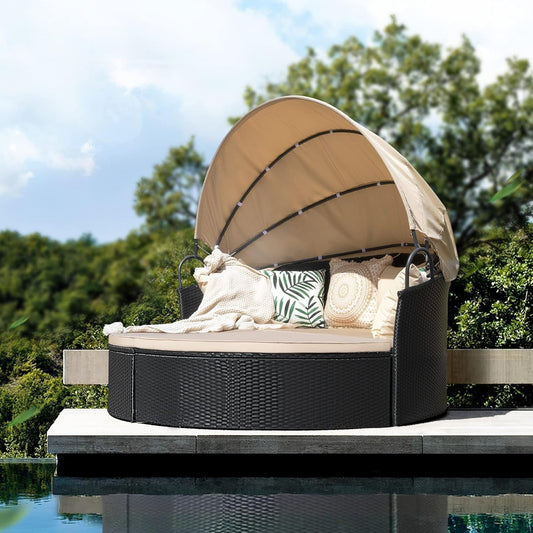 Beige Outdoor Daybed With Retractable Canopy And Comfort ShipItFurniture