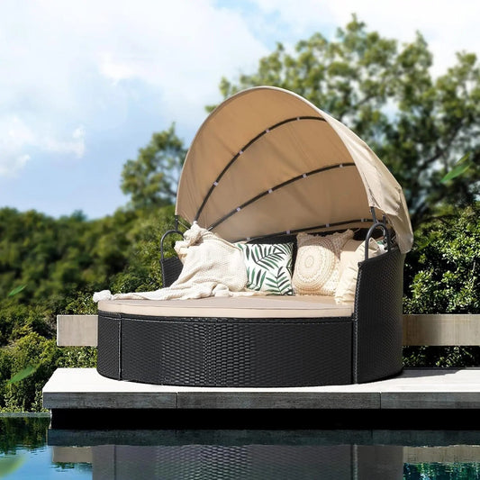 Beige Outdoor Daybed With Retractable Canopy And Comfort-0