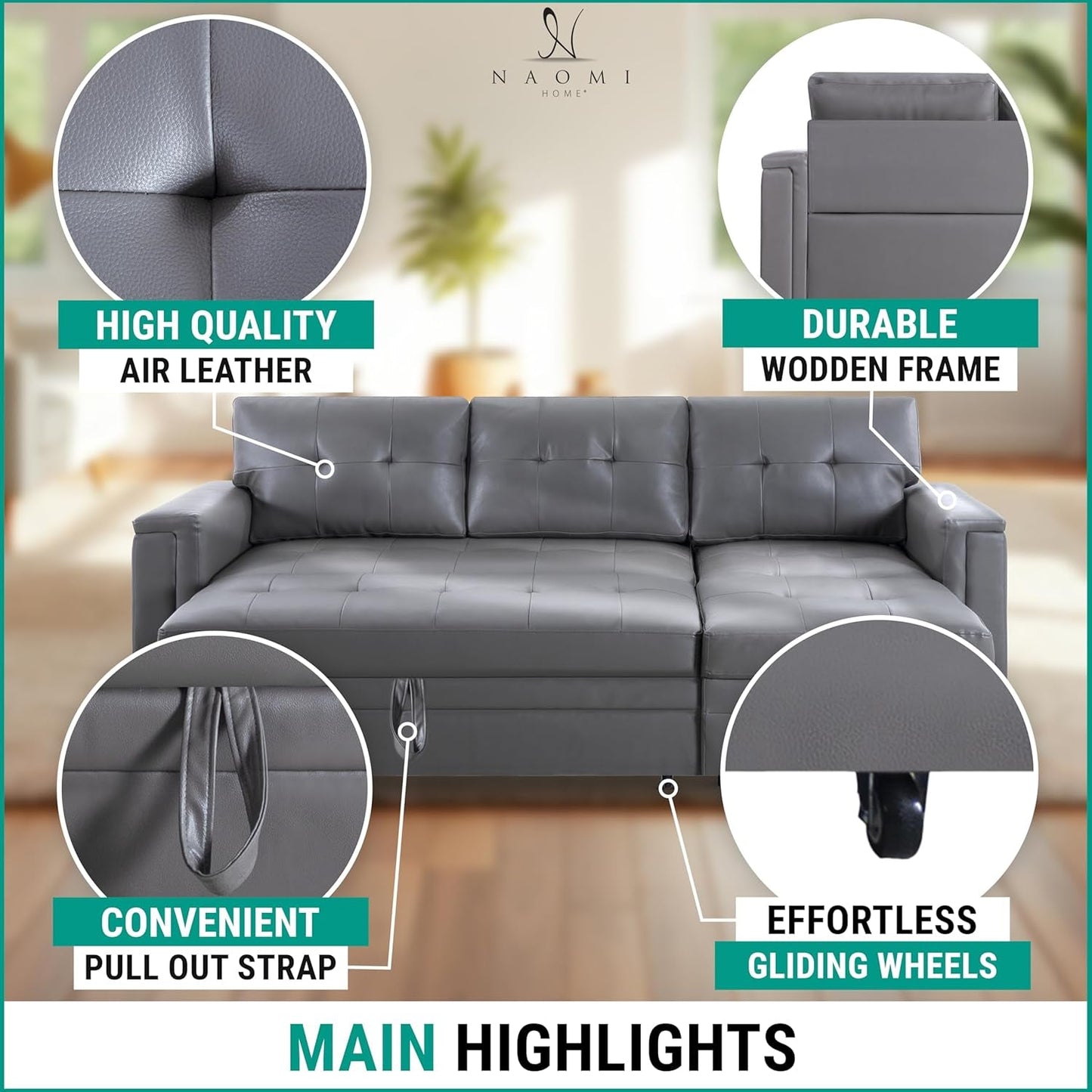 L Shaped Sectional Sleeper Sofa With USB Ports Gray Leather ShipItFurniture