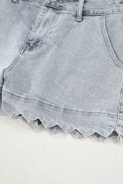 Scalloped Acid Wash High Waist Denim Shorts