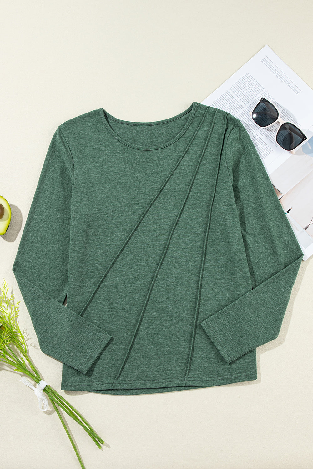 Anna Asymmetric Seam Detail Long Sleeve Top Threaded Pear