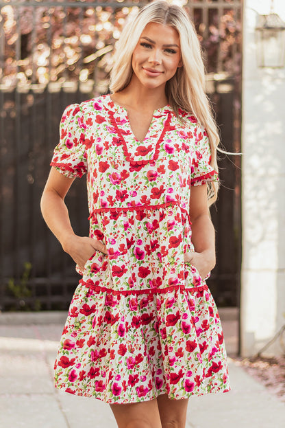 Ruby Floral Puff Sleeve Tiered Ric Rac Pocketed Mini Dress