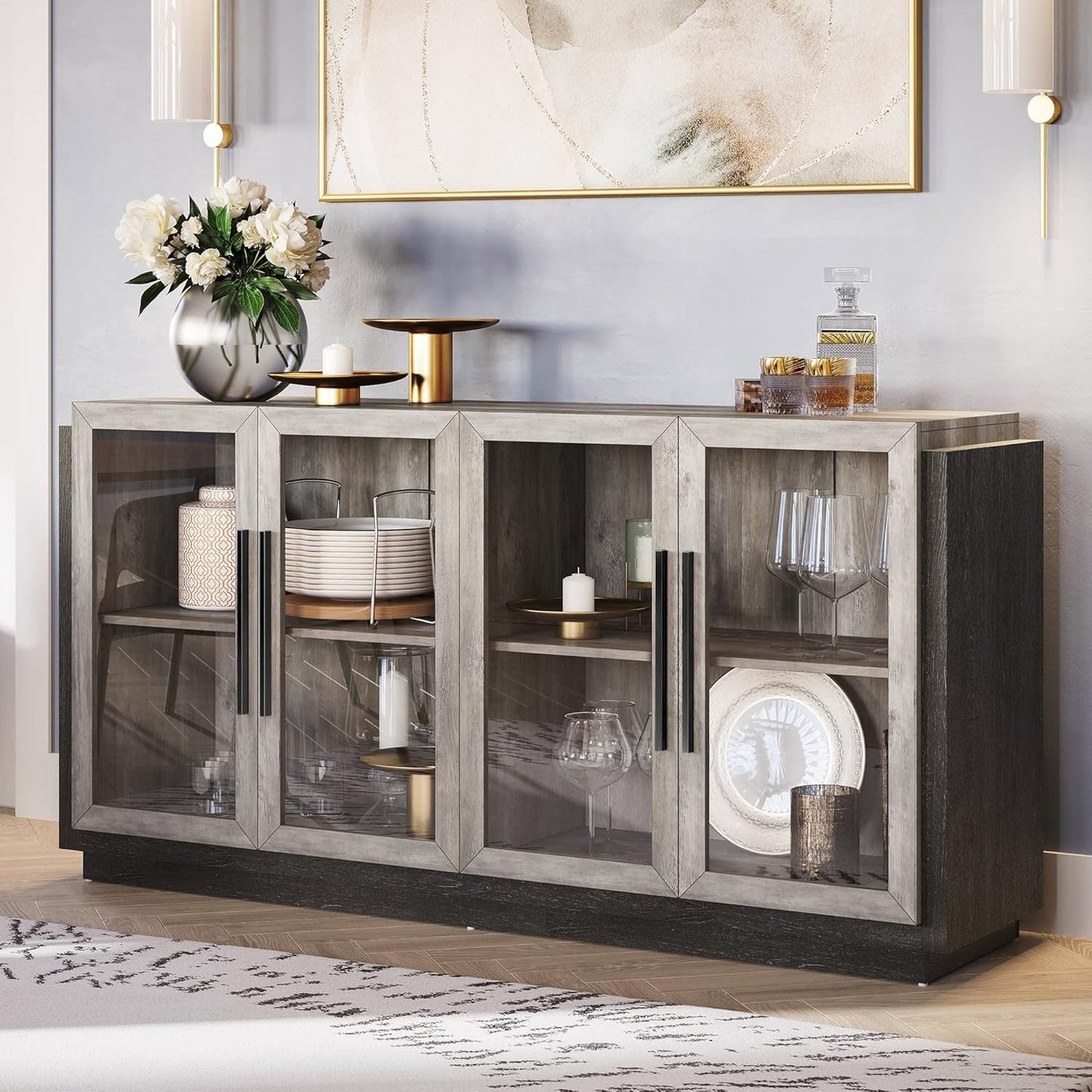 Grey Glass Doors Buffet Cabinet For Dining Room And Living Room ShipItFurniture
