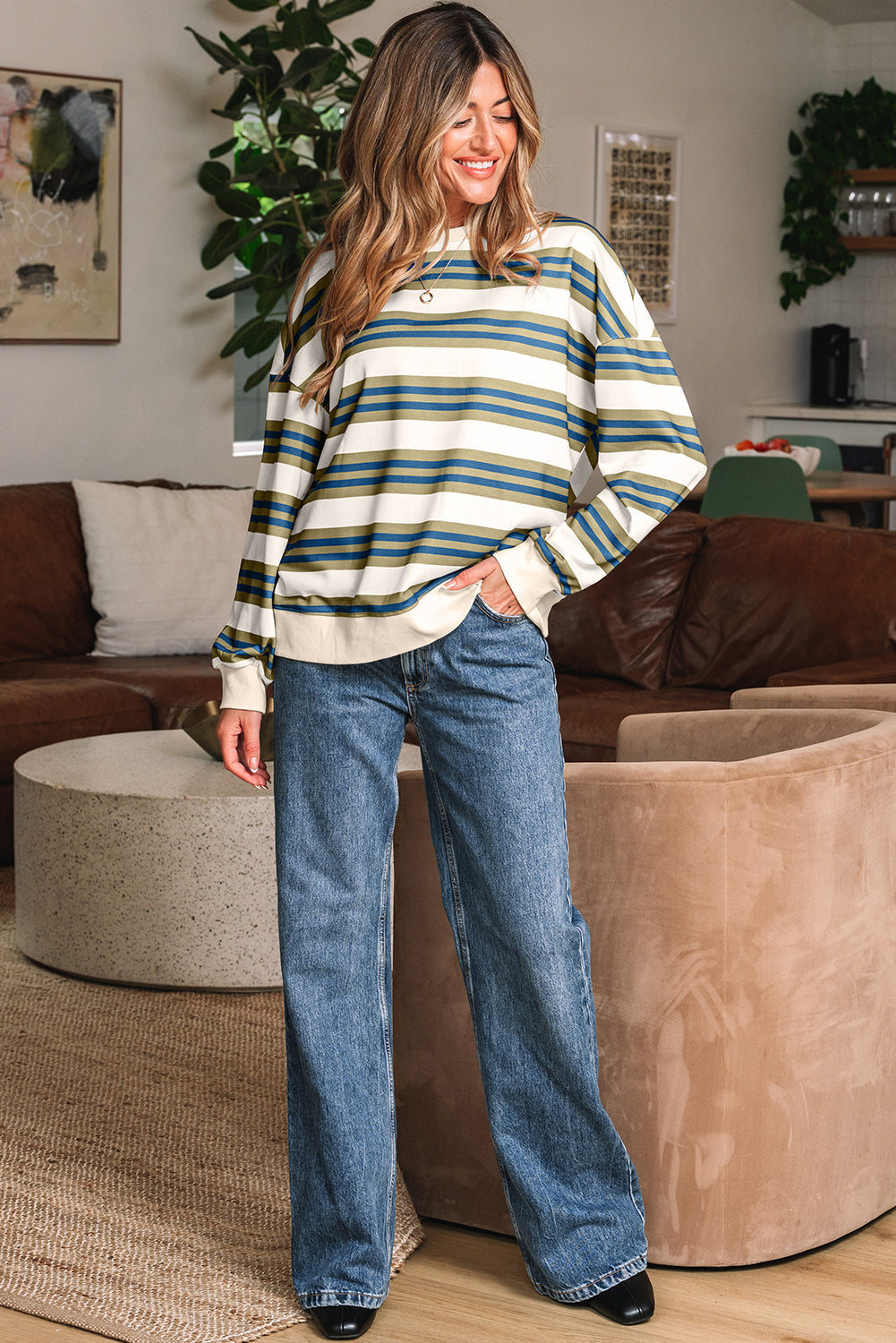 Rose Stripe Crew Neck Pullover Sweatshirt Threaded Pear