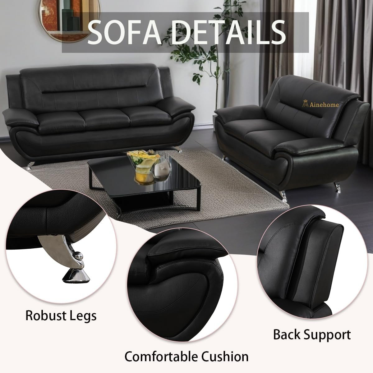 Black 5 Seat Faux Leather Sectional Sofa Set For Living Room ShipItFurniture