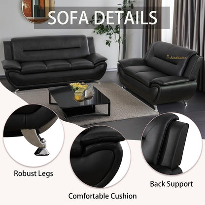 Black 5 Seat Faux Leather Sectional Sofa Set For Living Room ShipItFurniture