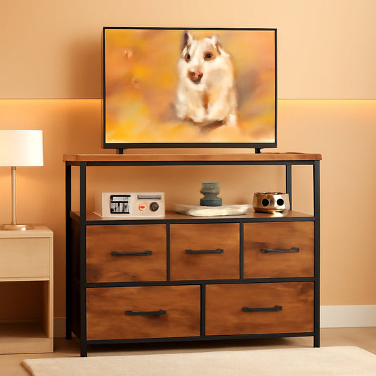 TV Stand Dresser With 5 Fabric Drawers For 45 Inch TV Brown