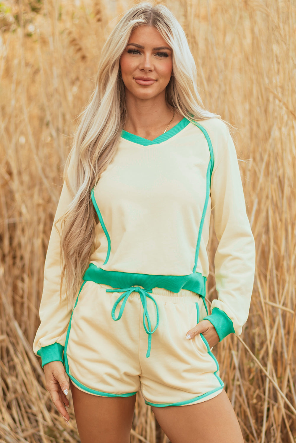 Wren Long Sleeve Pullover and Drawstring Shorts Outfit Threaded Pear