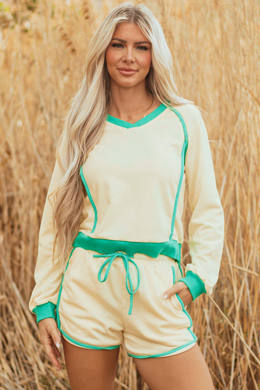 Wren Long Sleeve Pullover and Drawstring Shorts Outfit Threaded Pear
