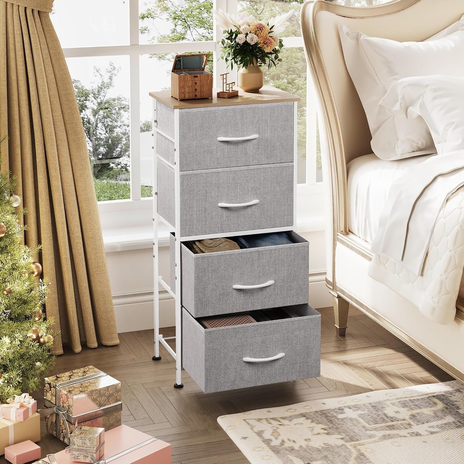 Light Grey Fabric 4 Drawer Dresser With Wood Top Storage ShipItFurniture