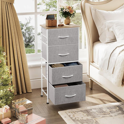 Light Grey Fabric 4 Drawer Dresser With Wood Top Storage ShipItFurniture