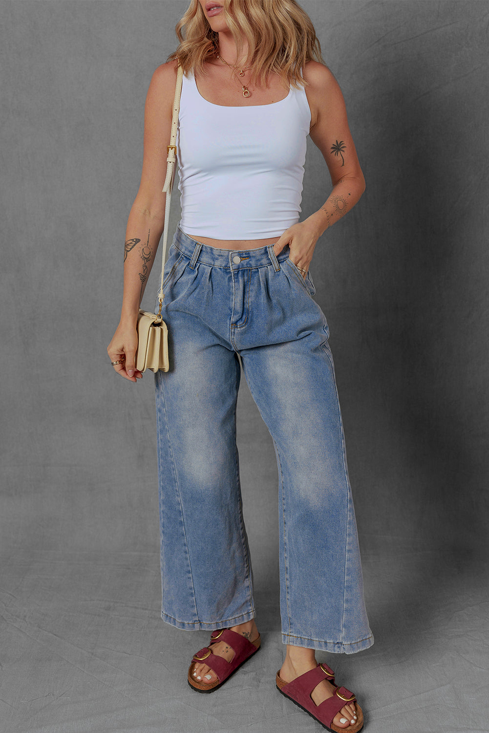 Scottie Blue Washed Pleated Detail Wide Leg Jeans Threaded Pear