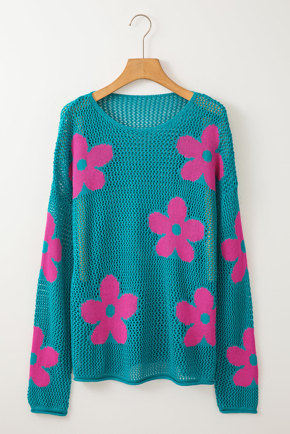 Dulce Big Flower Hollowed Knit Drop Shoulder Sweater
