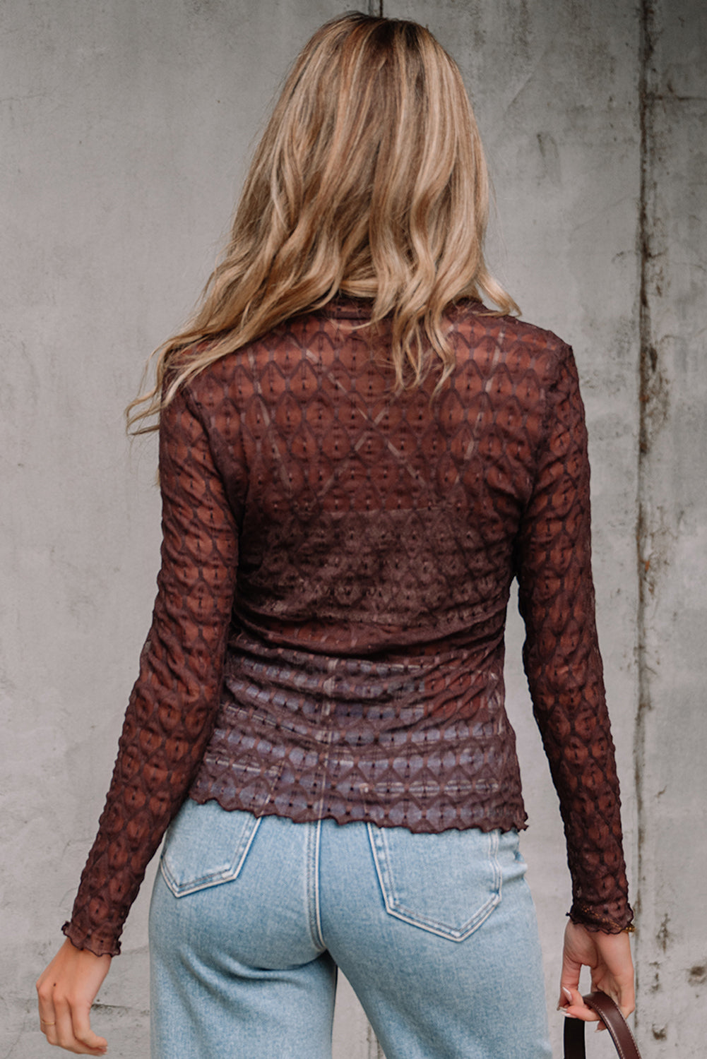 Ruth Sheer Mesh Patterned Lettuce Trim Top Threaded Pear