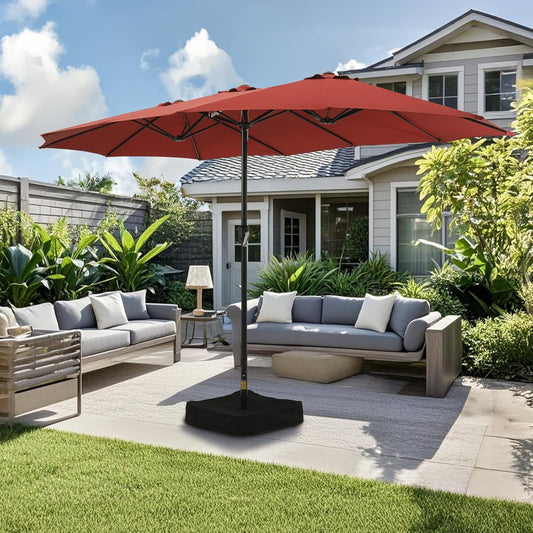 15ft Double Sided Patio Umbrella with Base Red ShipItFurniture