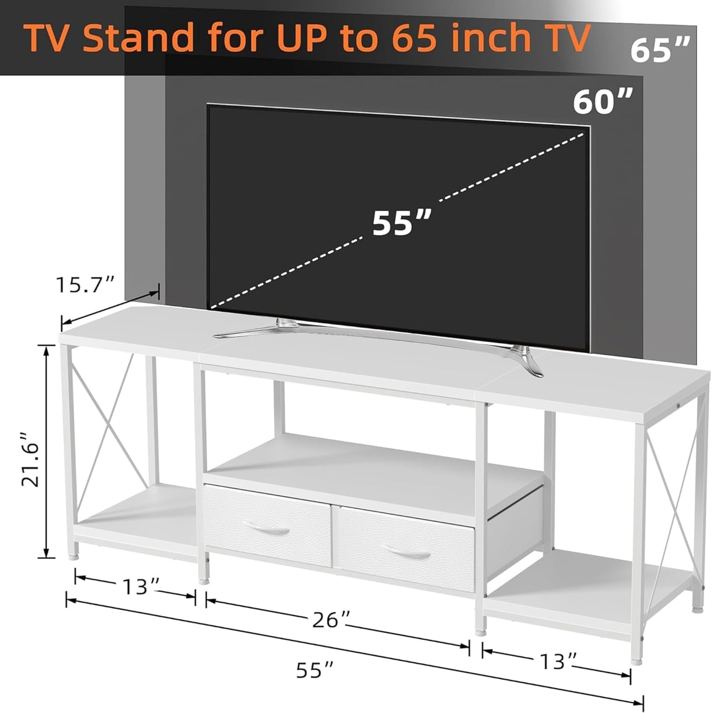 TV Stand For 55 To 65 Inch TV With Fabric Drawers Sturdy