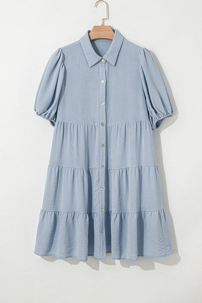 Arya Shirt Collar Button Up Puff Sleeve Tiered Dress