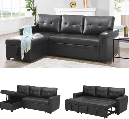 Sleeper Sectional Sofa Black Leather With Convertible Bed ShipItFurniture
